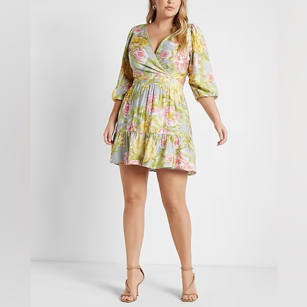 EXPRESS | Floral Tie Back Ruffle Hem Mini Dress.